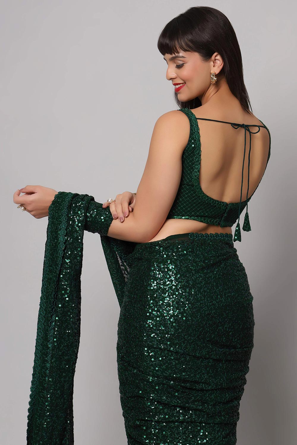 Buy Mia Green Sequin Embroidery Faux Georgette One Minute Saree Online - Side