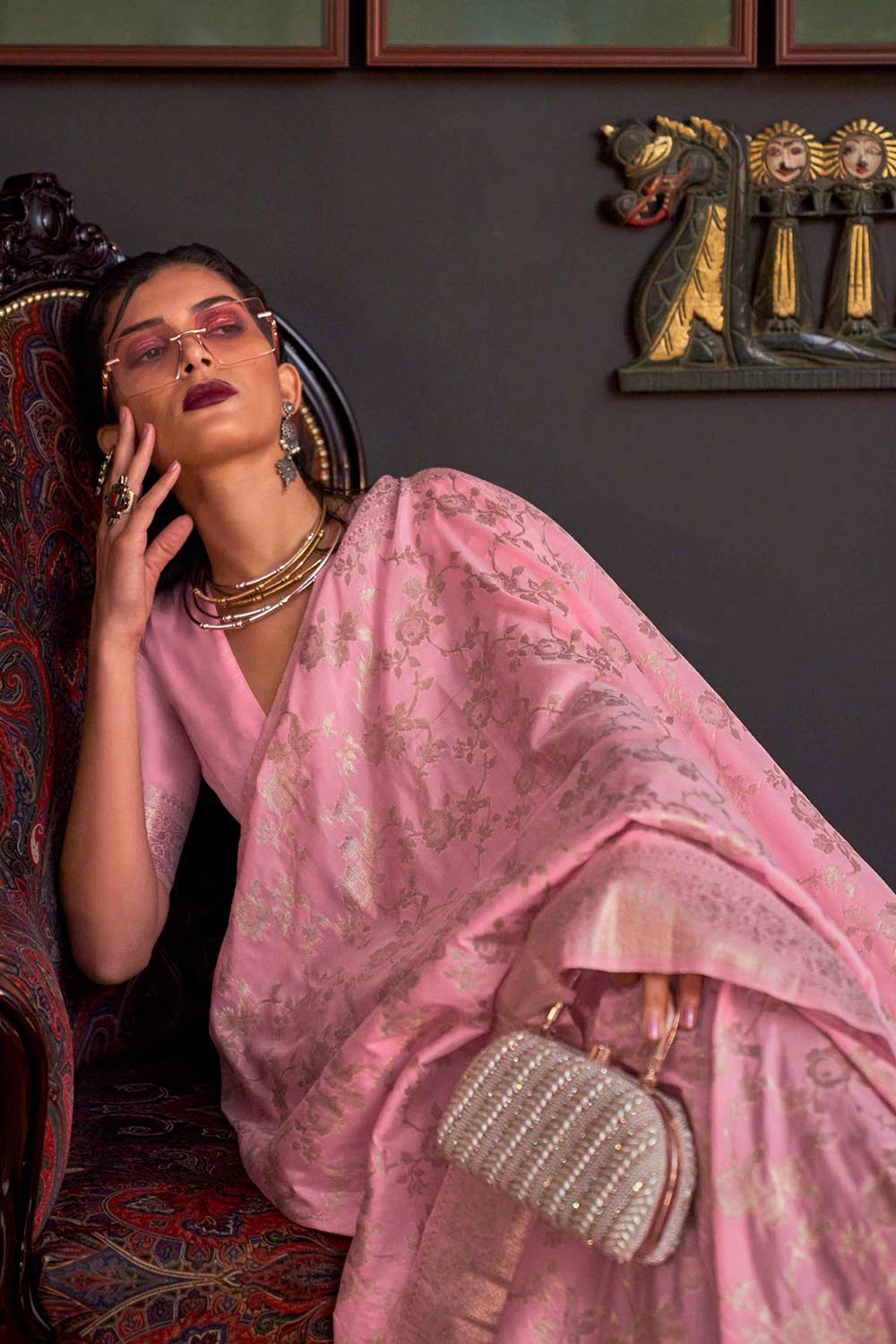 Shop Basma Silk Pink Floral One Minute Saree at best offer at our  Store - One Minute Saree