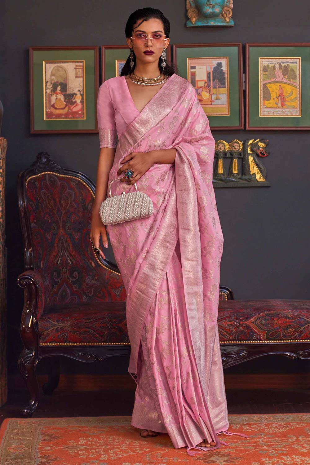 Buy Basma Silk Pink Floral One Minute Saree Online - One Minute Saree