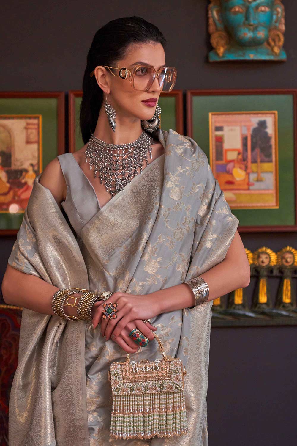 Shop Basma Silk Grey Floral One Minute Saree at best offer at our  Store - One Minute Saree