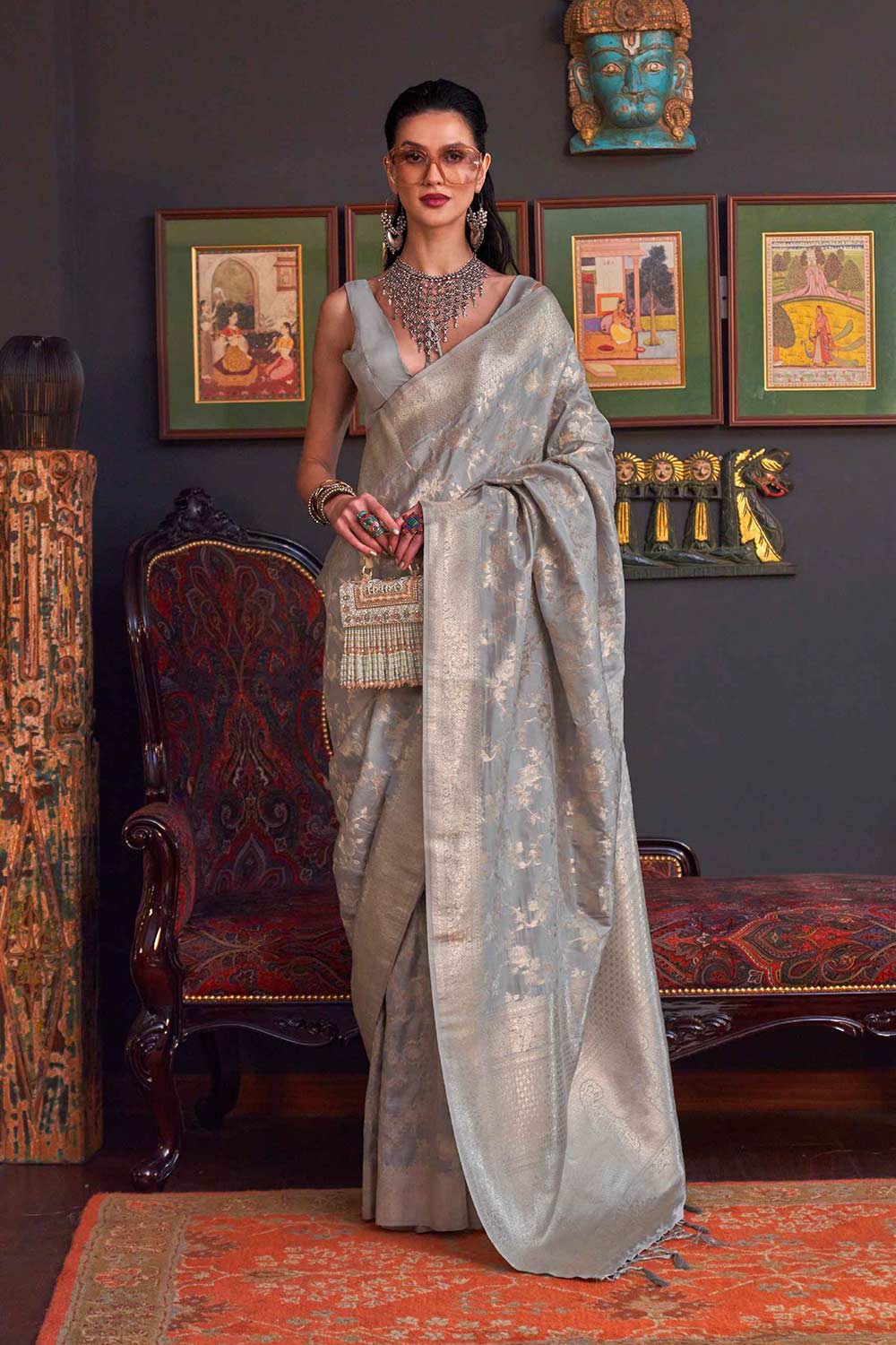 Buy Basma Silk Grey Floral One Minute Saree Online - One Minute Saree