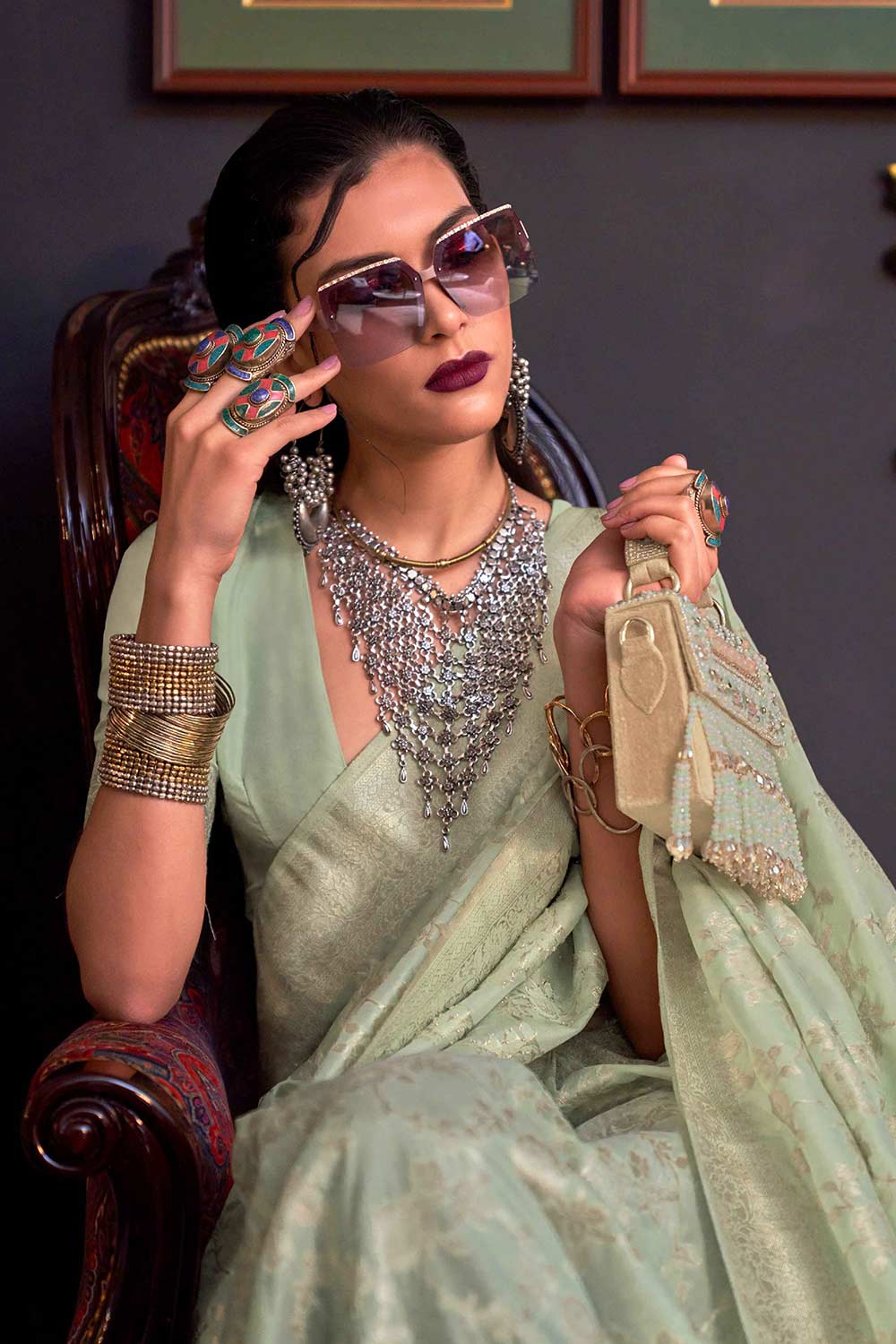 Shop Basma Silk Green Floral One Minute Saree at best offer at our  Store - One Minute Saree