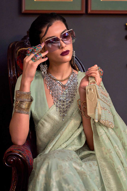 Shop Basma Silk Green Floral One Minute Saree at best offer at our  Store - One Minute Saree