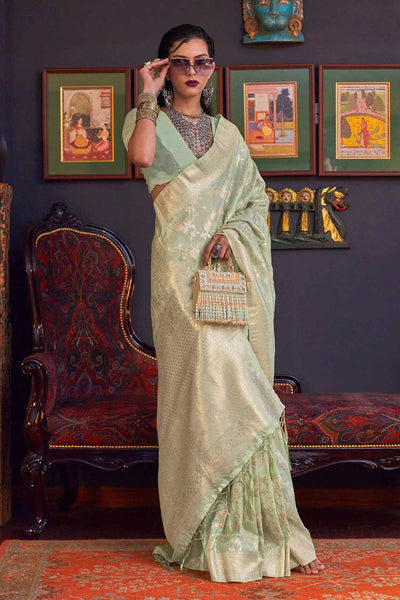 Buy Basma Silk Green Floral One Minute Saree Online - One Minute Saree