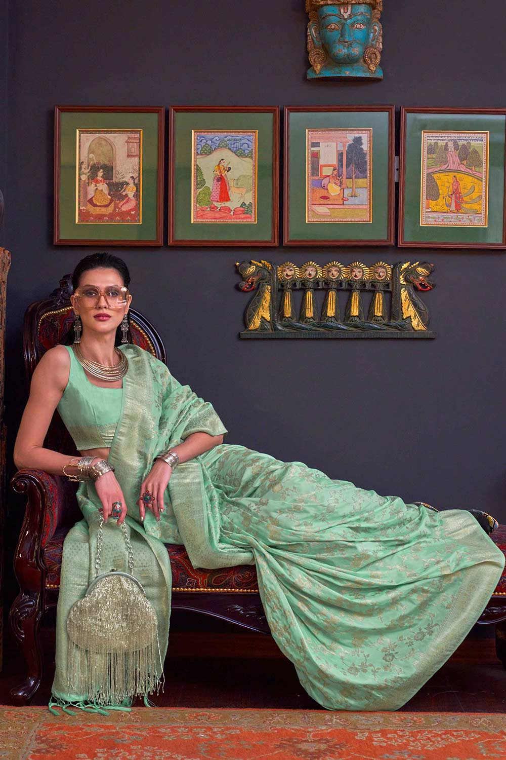 Shop Basma Silk Sea-Green Floral One Minute Saree at best offer at our  Store - One Minute Saree