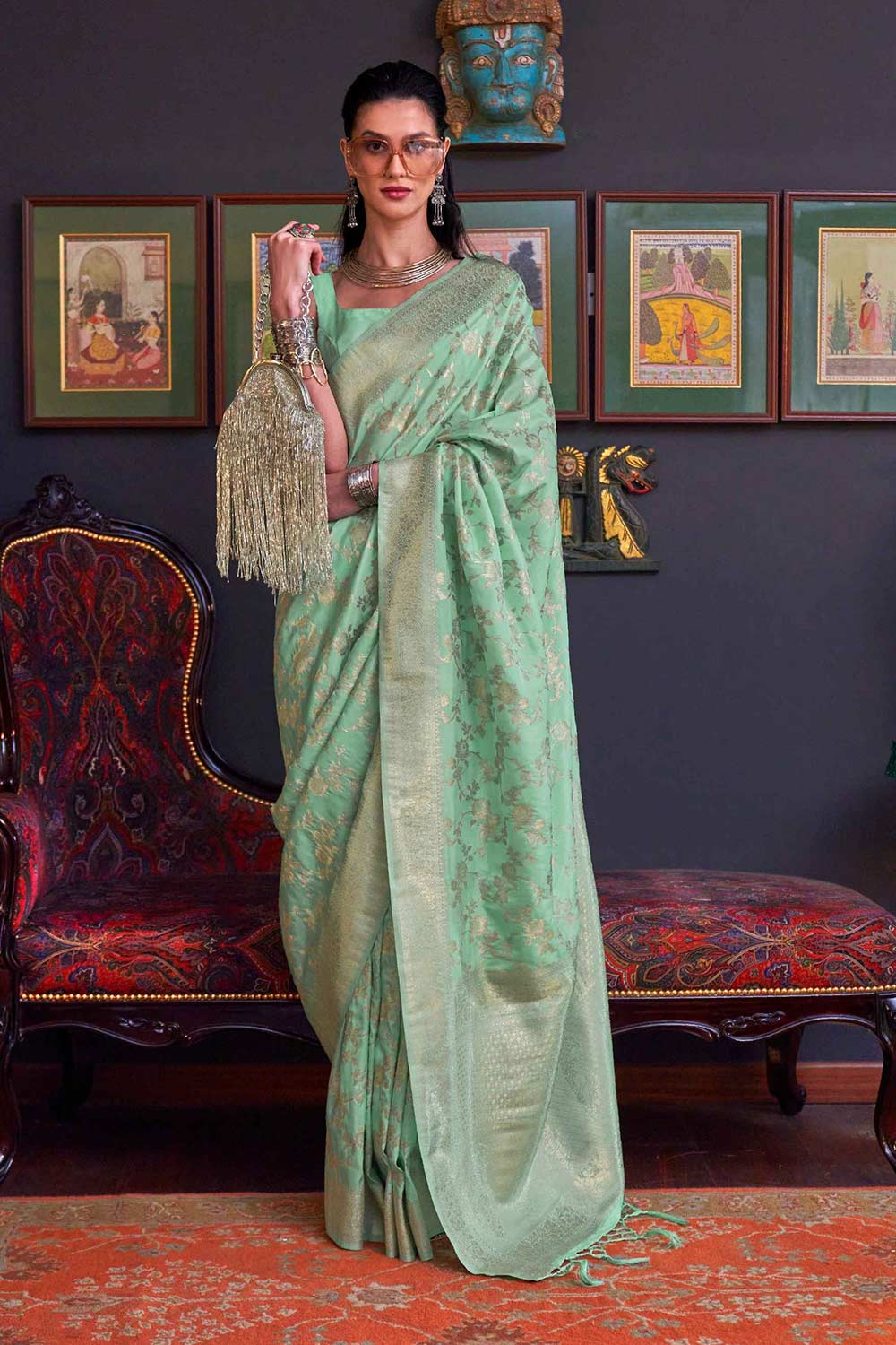 Buy Basma Silk Sea-Green Floral One Minute Saree Online - One Minute Saree