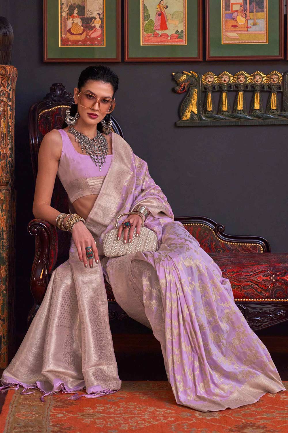 Shop Basma Silk Lavender Floral One Minute Saree at best offer at our  Store - One Minute Saree