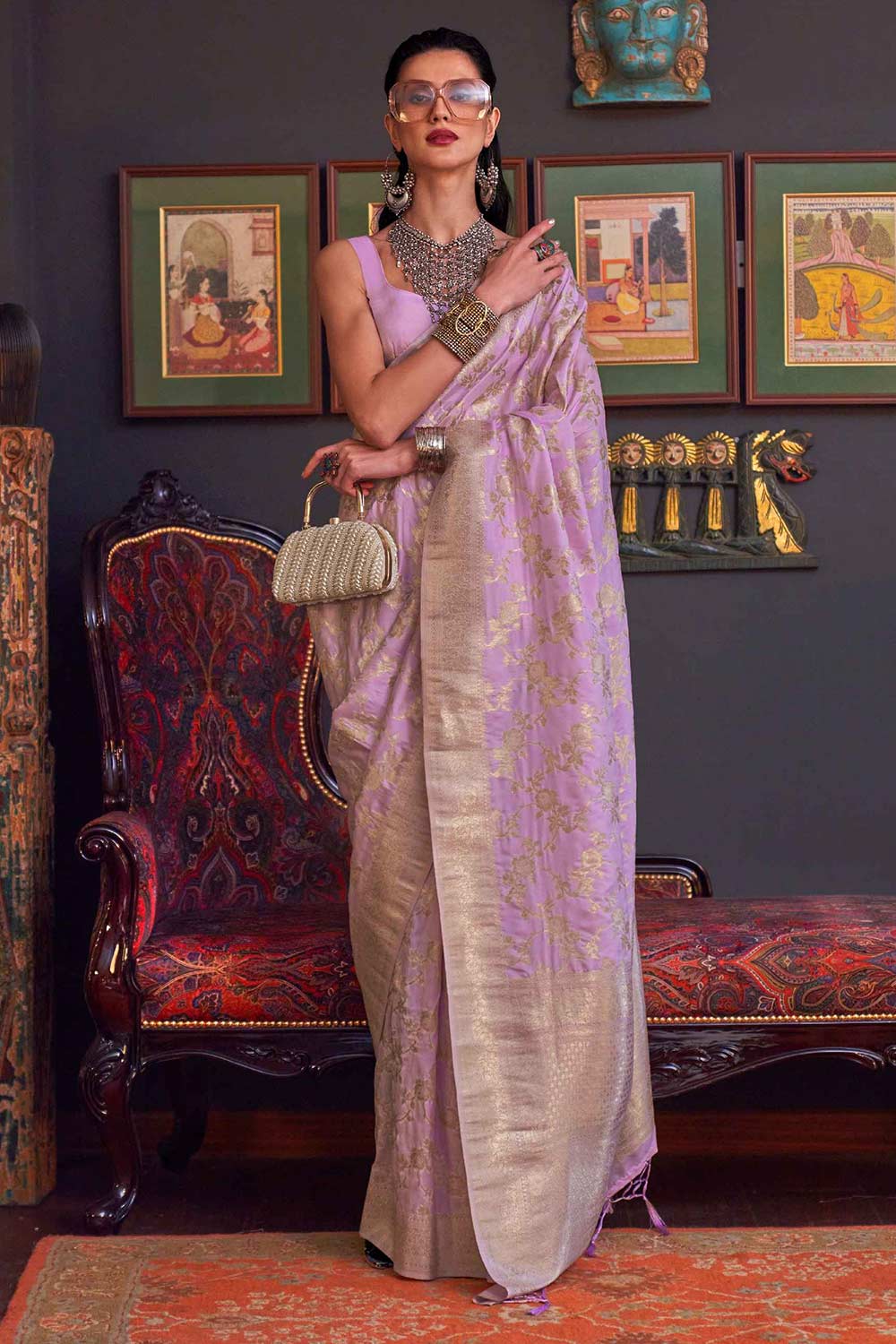 Buy Basma Silk Lavender Floral One Minute Saree Online - One Minute Saree
