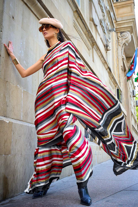 Buy Kubik Multi-Color Stripes Printed Satin Crepe Saree Online - One Minute Saree