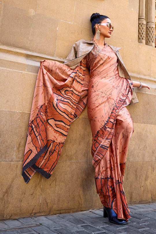 Buy Kubik Orange Abstract Printed Satin Crepe Saree Online - One Minute Saree