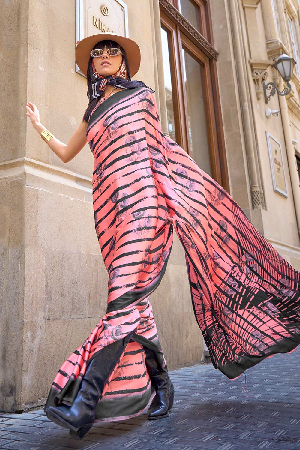 Buy Kubik Pink Printed Stripes Satin Crepe Saree Online - One Minute Saree