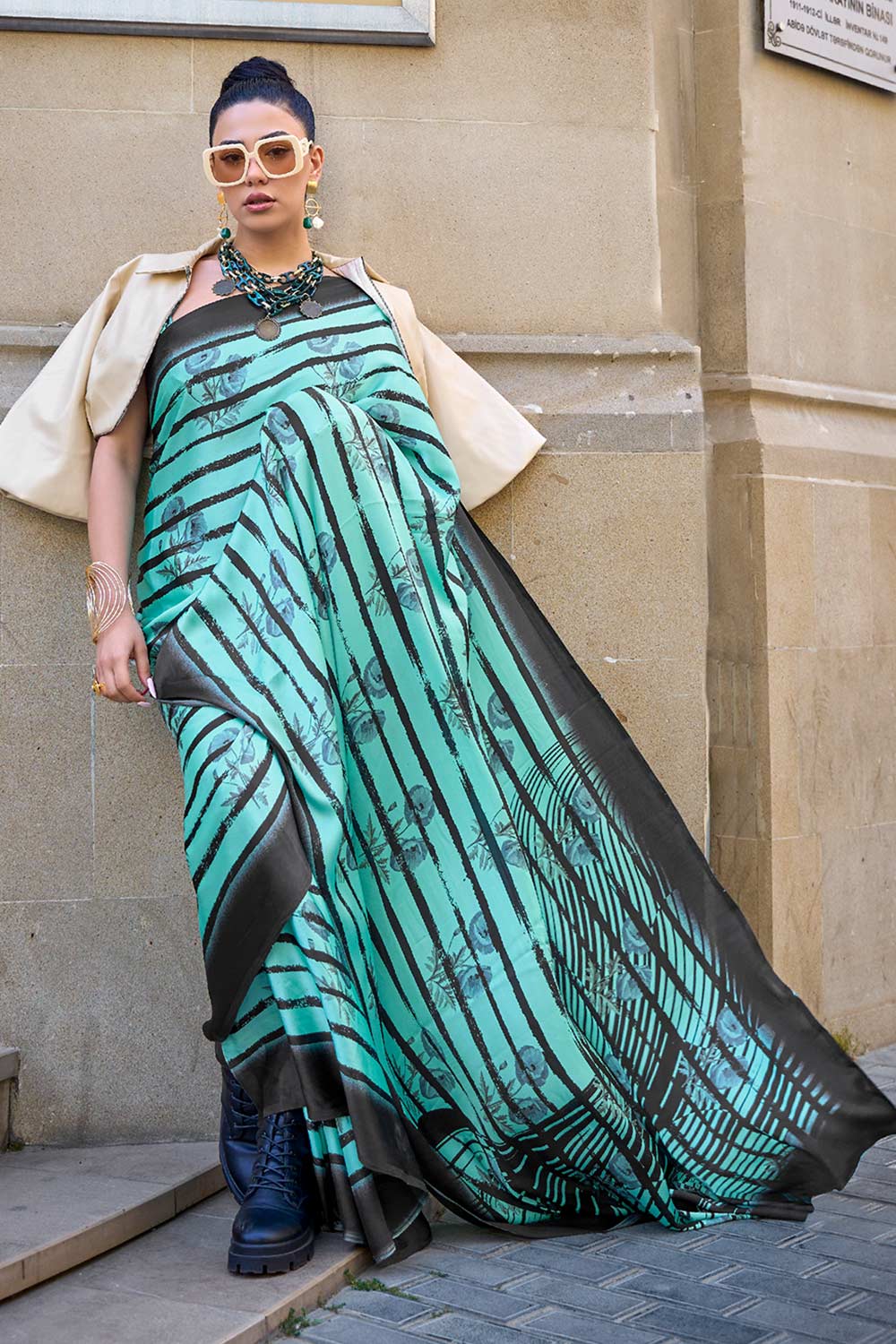 Shop Kubik Turquoise Printed Stripes Satin Crepe Saree at best offer at our  Store - One Minute Saree