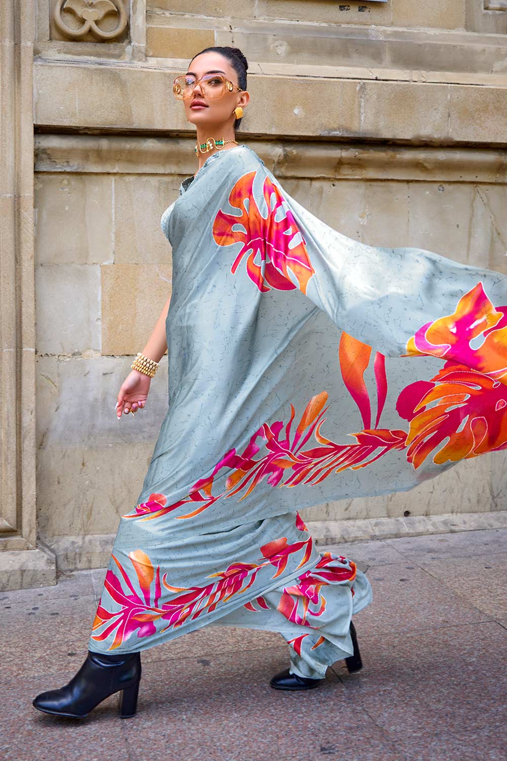 Buy Kubik Grey Floral Print Satin Crepe Saree Online - One Minute Saree