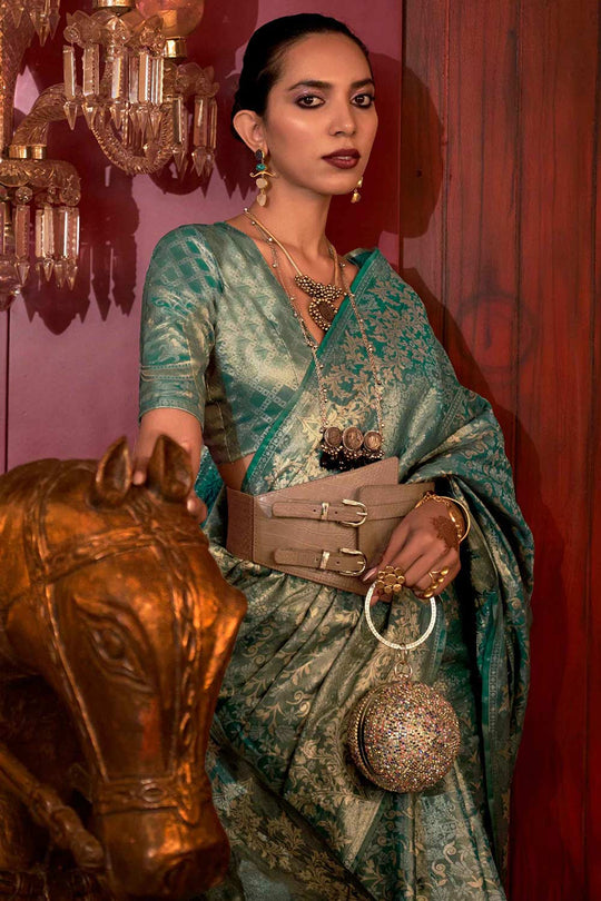 Buy Katia Silk Turquoise Floral One Minute Saree Online - One Minute Saree