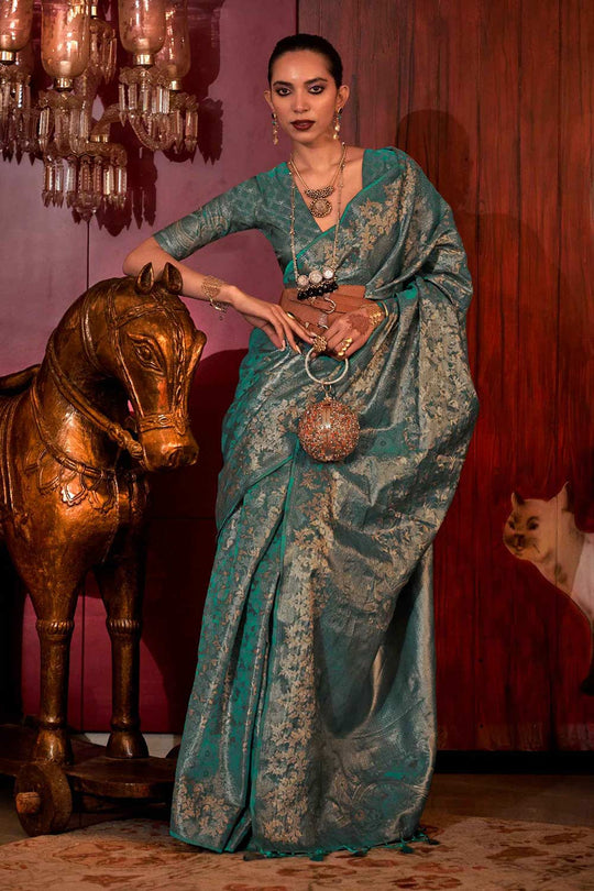 Shop Katia Silk Turquoise Floral One Minute Saree at best offer at our  Store - One Minute Saree