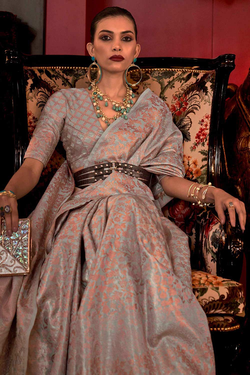 Buy Katia Silk Grey Floral One Minute Saree Online - One Minute Saree