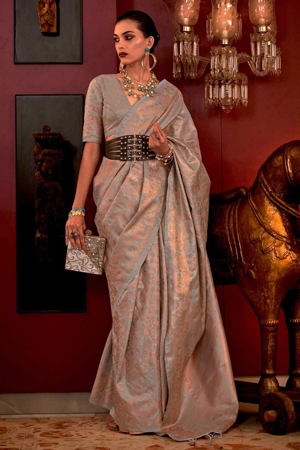 Shop Katia Silk Grey Floral One Minute Saree at best offer at our  Store - One Minute Saree