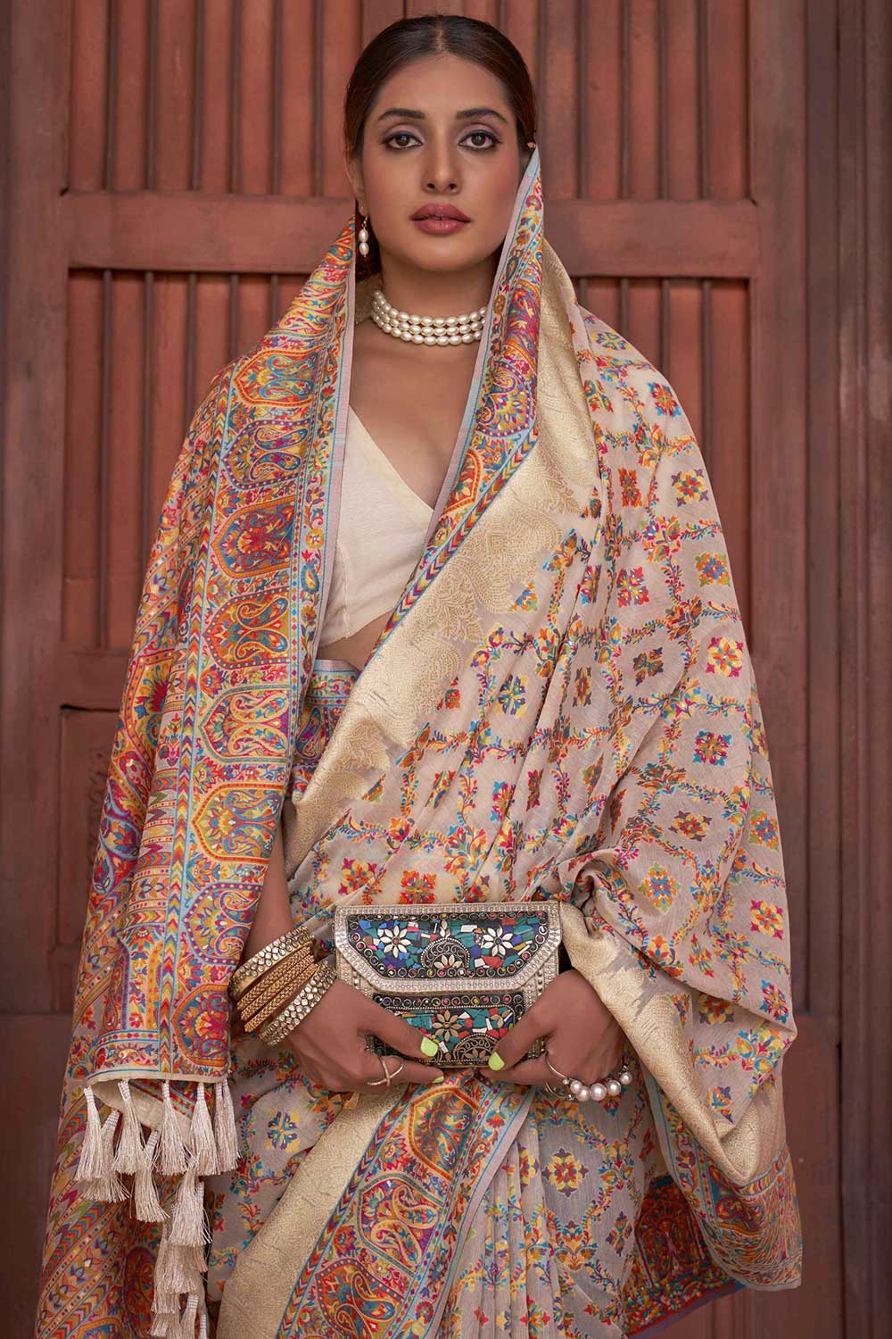 Shop Marisa Cream Pashmina Silk Printed One Minute Saree at best offer at our  Store - One Minute Saree