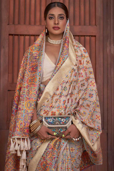 Shop Marisa Cream Pashmina Silk Printed One Minute Saree at best offer at our  Store - One Minute Saree