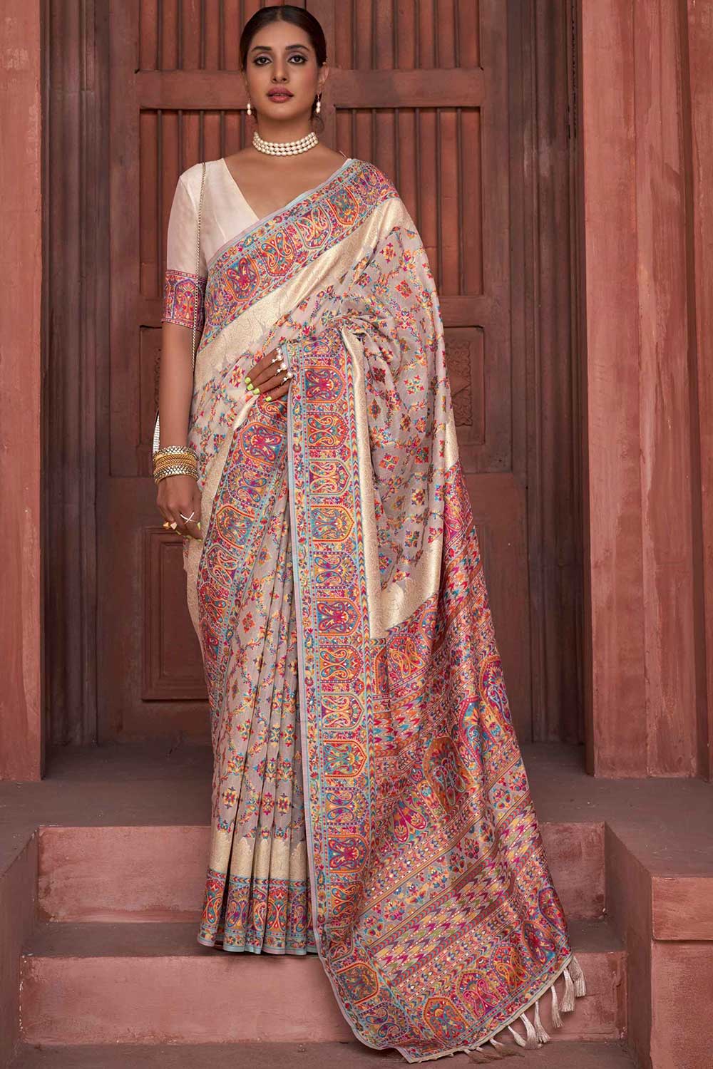Buy Marisa Cream Pashmina Silk Printed One Minute Saree Online - One Minute Saree