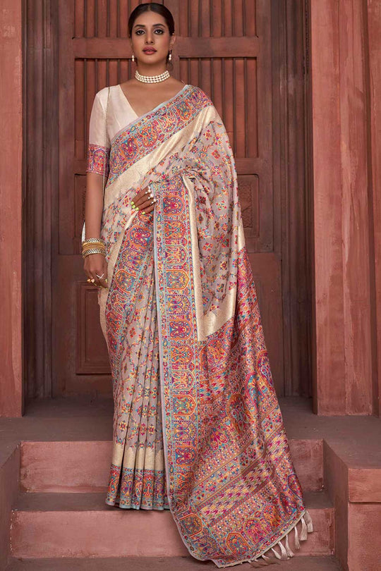 Buy Marisa Cream Pashmina Silk Printed One Minute Saree Online - One Minute Saree