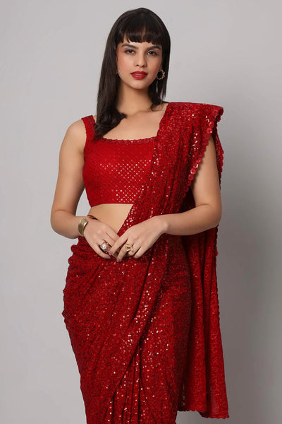 Buy Radia Red Sequins Embroidery Faux Georgette One Minute Saree Online