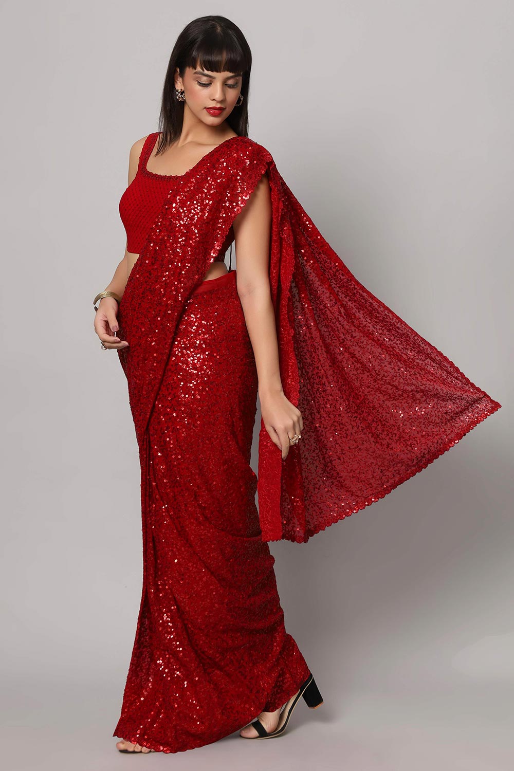 Buy Radia Red Sequins Embroidery Faux Georgette One Minute Saree Online - One Minute Saree