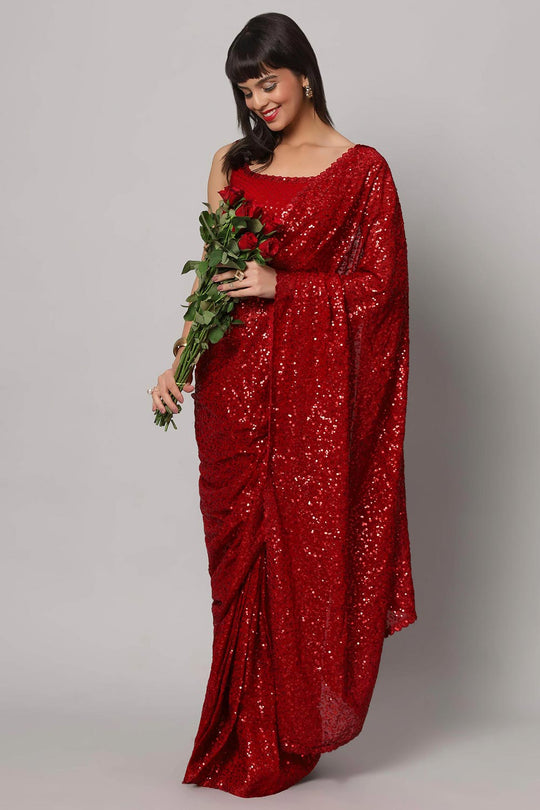 Buy Radia Red Sequins Embroidery Faux Georgette One Minute Saree Online - Back