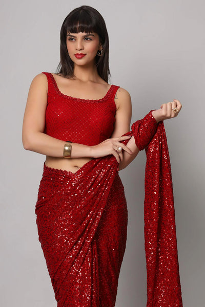 Buy Radia Red Sequins Embroidery Faux Georgette One Minute Saree Online - Front