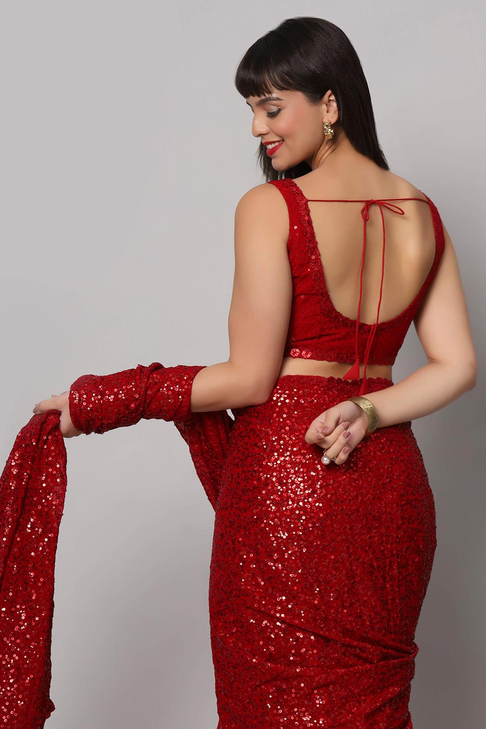 Buy Radia Red Sequins Embroidery Faux Georgette One Minute Saree Online - Side