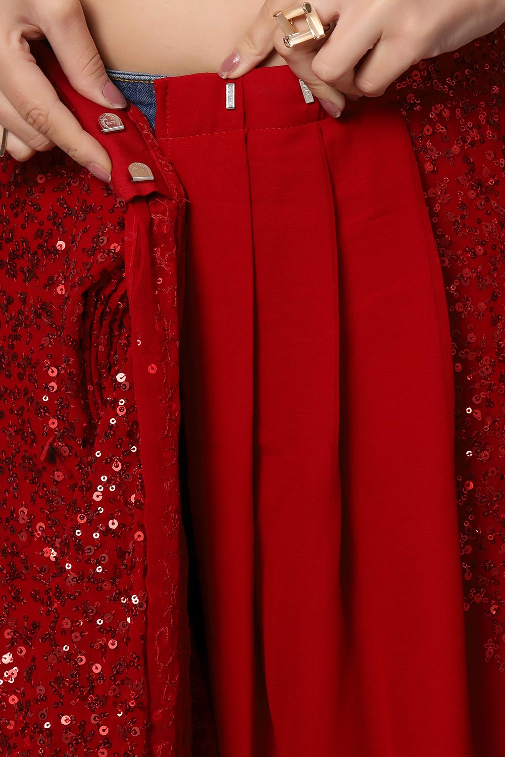 Buy Radia Red Sequins Embroidery Faux Georgette One Minute Saree Online - Zoom In