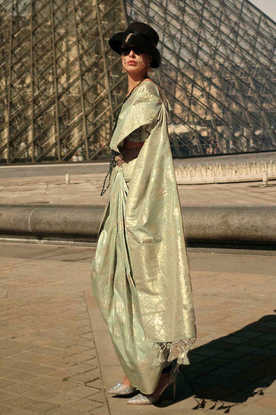 Buy Kasia Silk Light Green Floral One Minute Saree Online - One Minute Saree