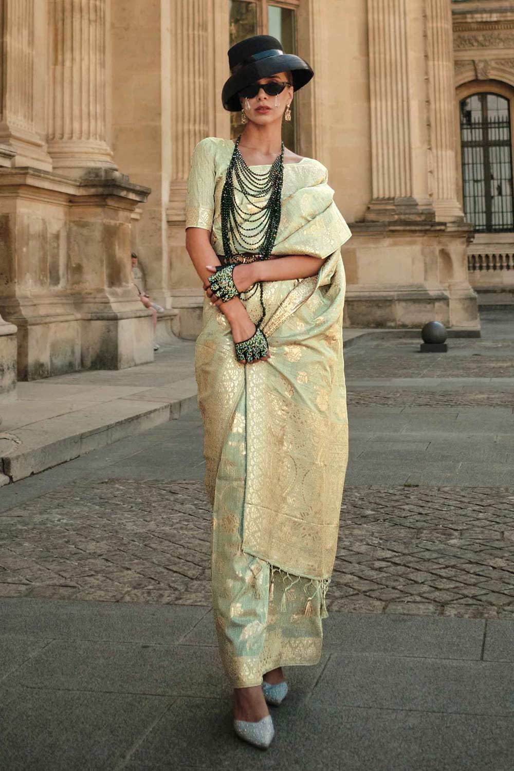 Buy Kasia Silk Light Green Floral One Minute Saree Online - Back