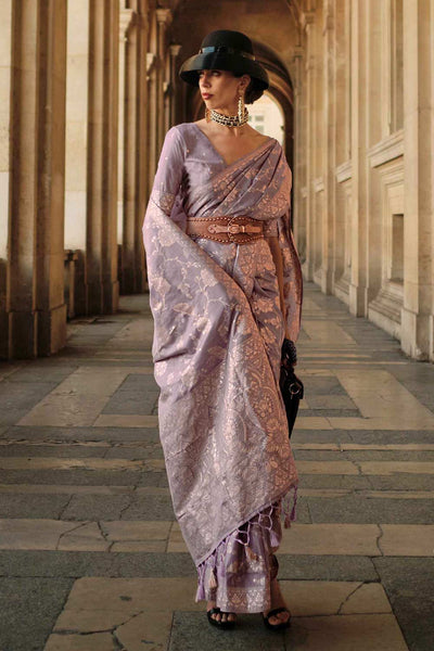 Buy Kasia Silk Lavender Floral One Minute Saree Online - Back