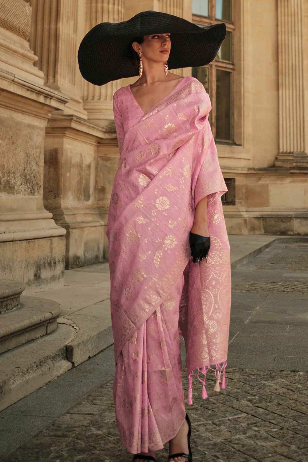 Buy Kasia Silk Pink Floral One Minute Saree Online - One Minute Saree