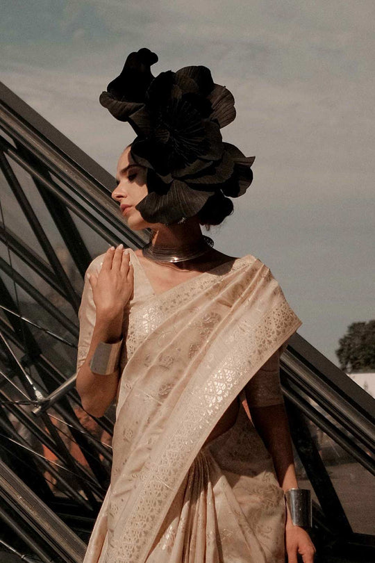 Buy Kasia Silk Beige Floral One Minute Saree Online