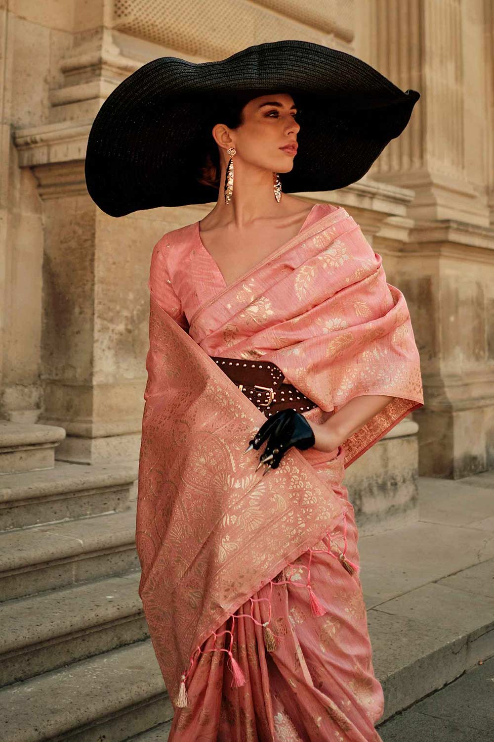 Buy Kasia Silk Pink Floral One Minute Saree Online - One Minute Saree