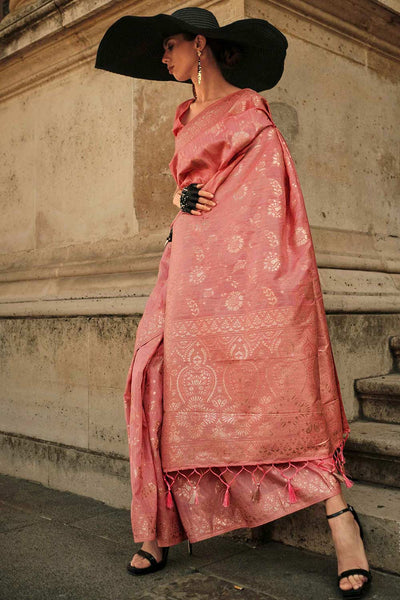 Buy Kasia Silk Pink Floral One Minute Saree Online - One Minute Saree