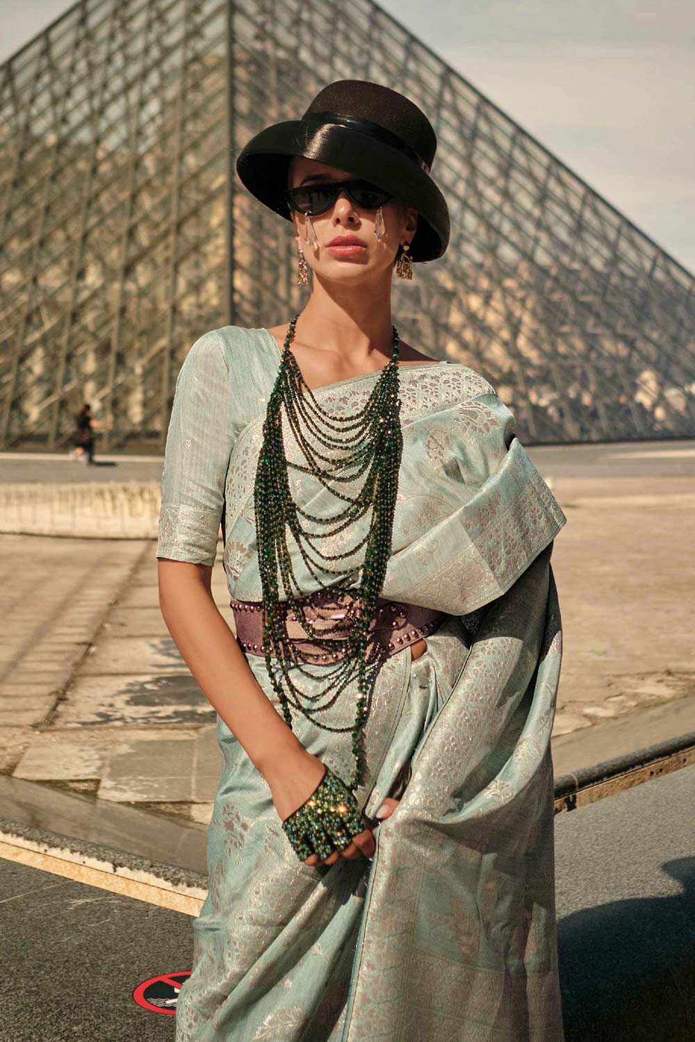 Buy Kasia Silk Light-Green Floral One Minute Saree Online - One Minute Saree