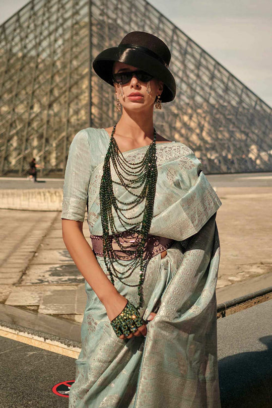 Buy Kasia Silk Light-Green Floral One Minute Saree Online - One Minute Saree