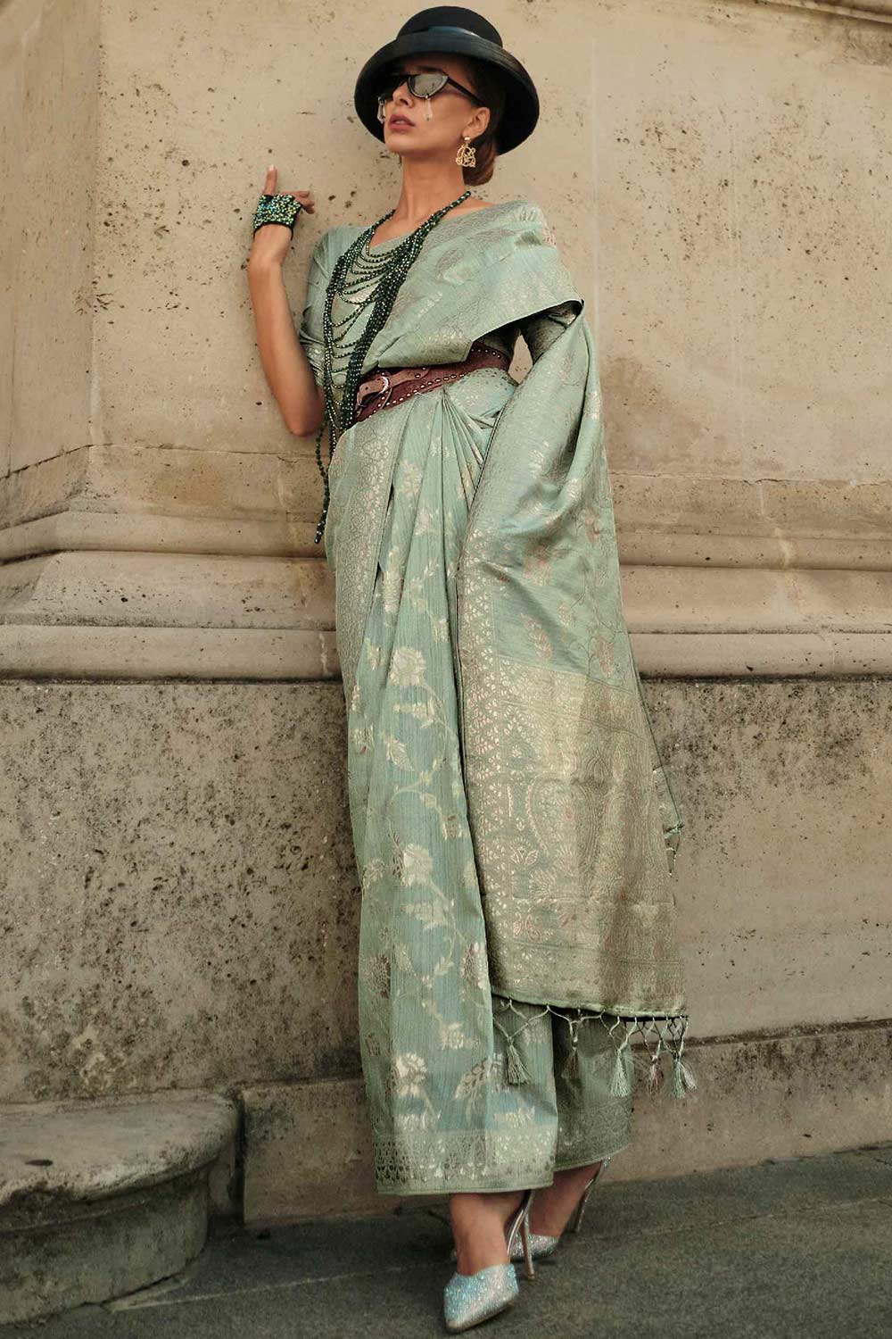 Shop Kasia Silk Light-Green Floral One Minute Saree at best offer at our  Store - One Minute Saree