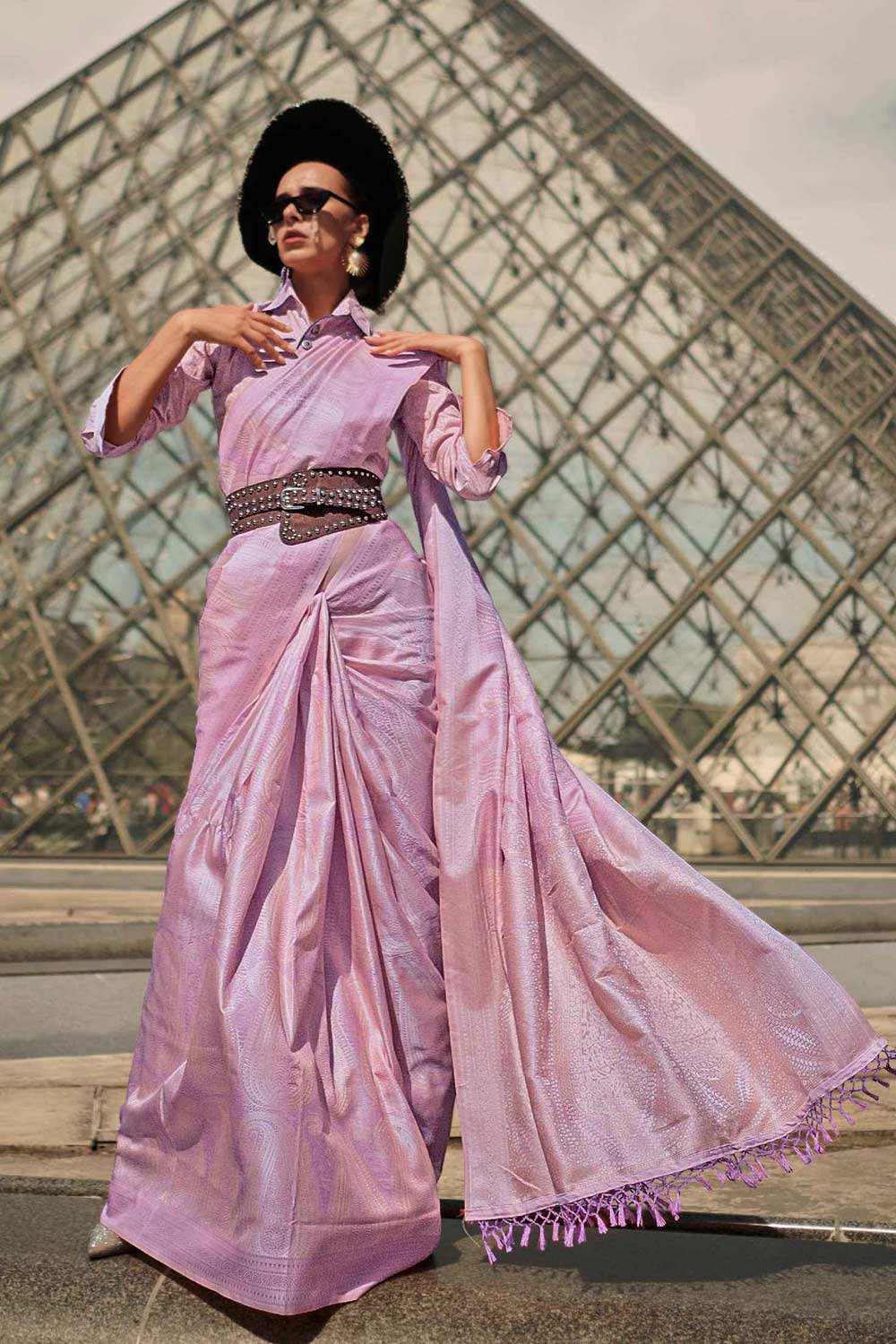 Buy Kaya Silk Lavender Block Print One Minute Saree Online - One Minute Saree