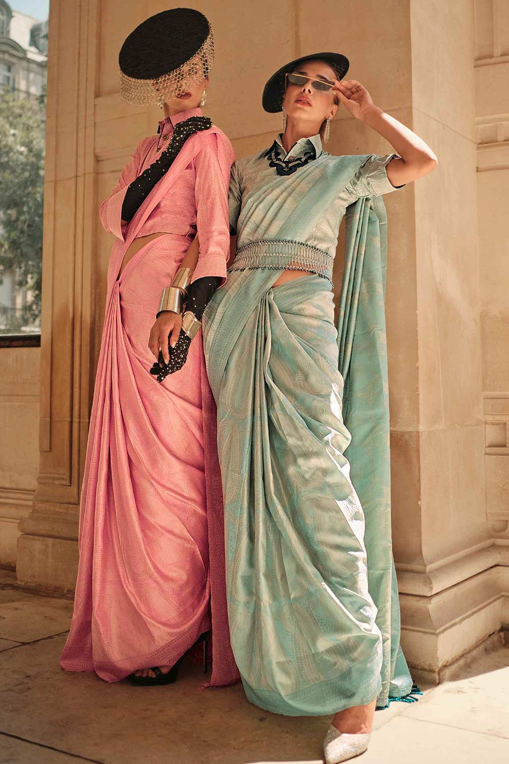 Buy Kaya Silk Sea-Blue Block Print One Minute Saree Online