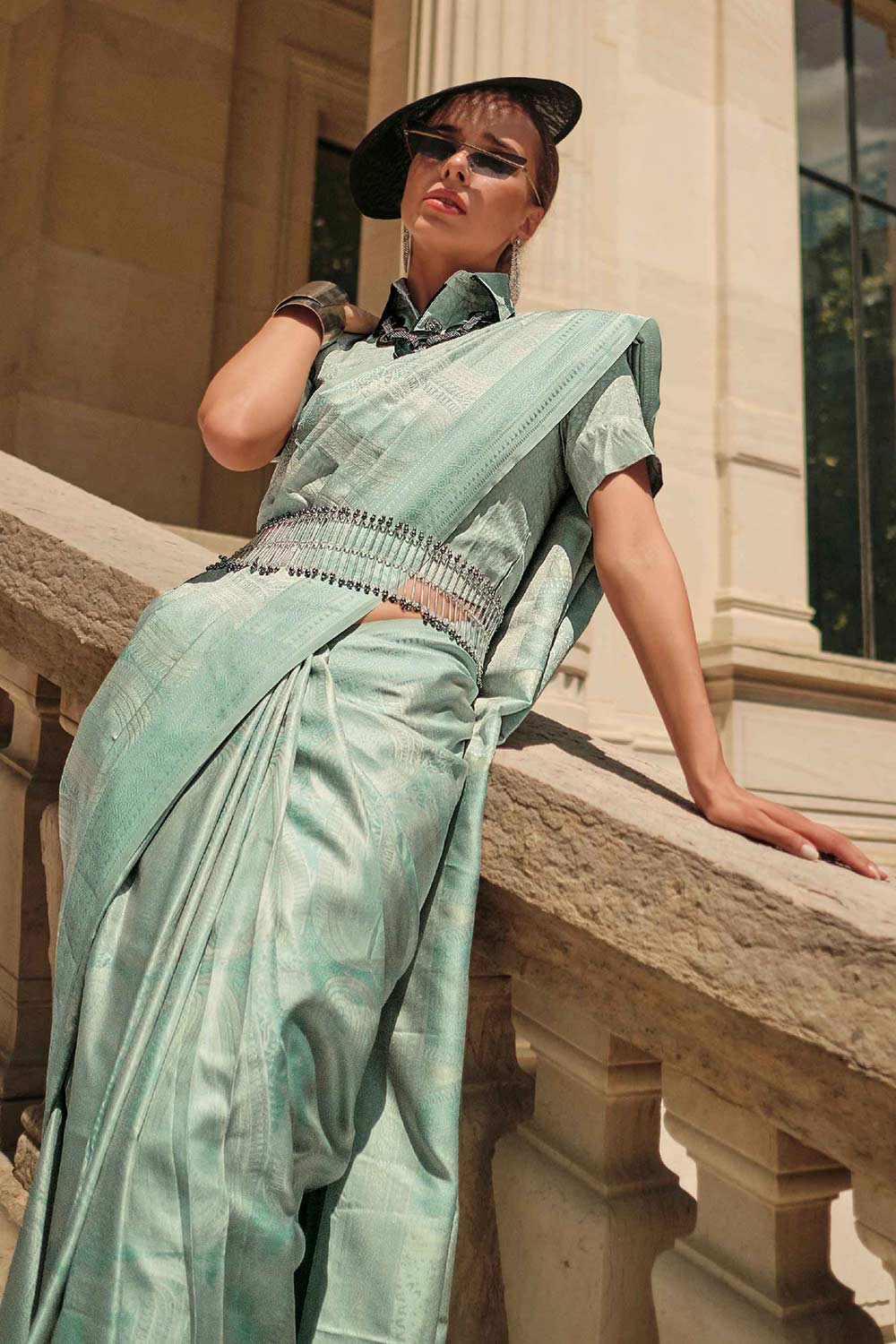 Shop Kaya Silk Sea-Blue Block Print One Minute Saree at best offer at our  Store - One Minute Saree