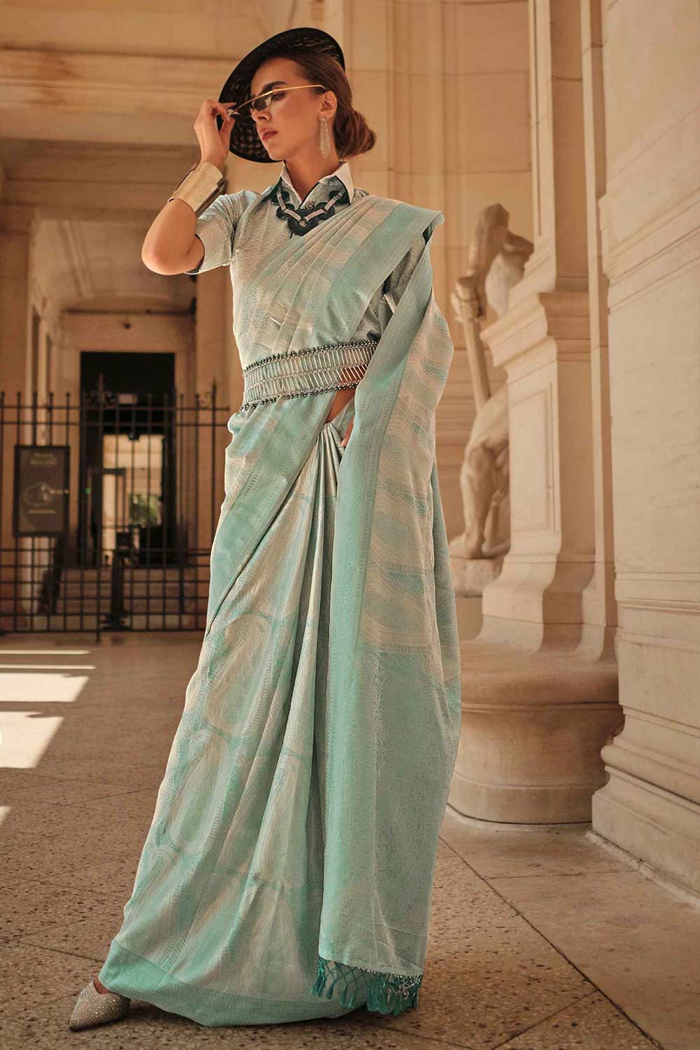 Buy Kaya Silk Sea-Blue Block Print One Minute Saree Online - One Minute Saree
