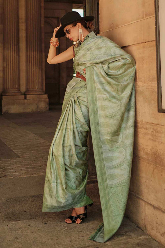 Buy Kaya Silk Green Block Print One Minute Saree Online