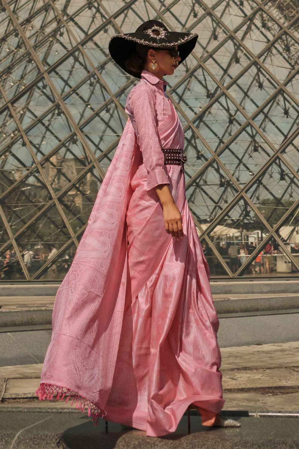 Buy Kaya Silk Pink Block Print One Minute Saree Online