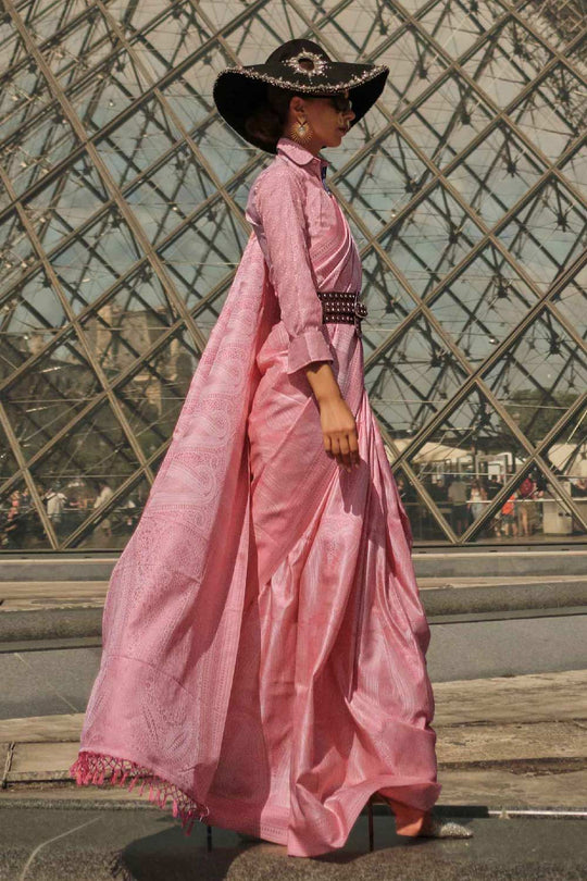 Buy Kaya Silk Pink Block Print One Minute Saree Online