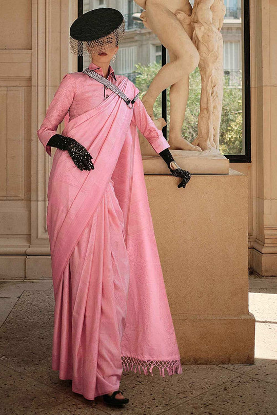 Buy Kaya Silk Pink Block Print One Minute Saree Online - One Minute Saree