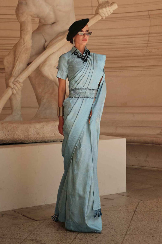 Buy Kaya Silk Sky Block Print One Minute Saree Online - One Minute Saree